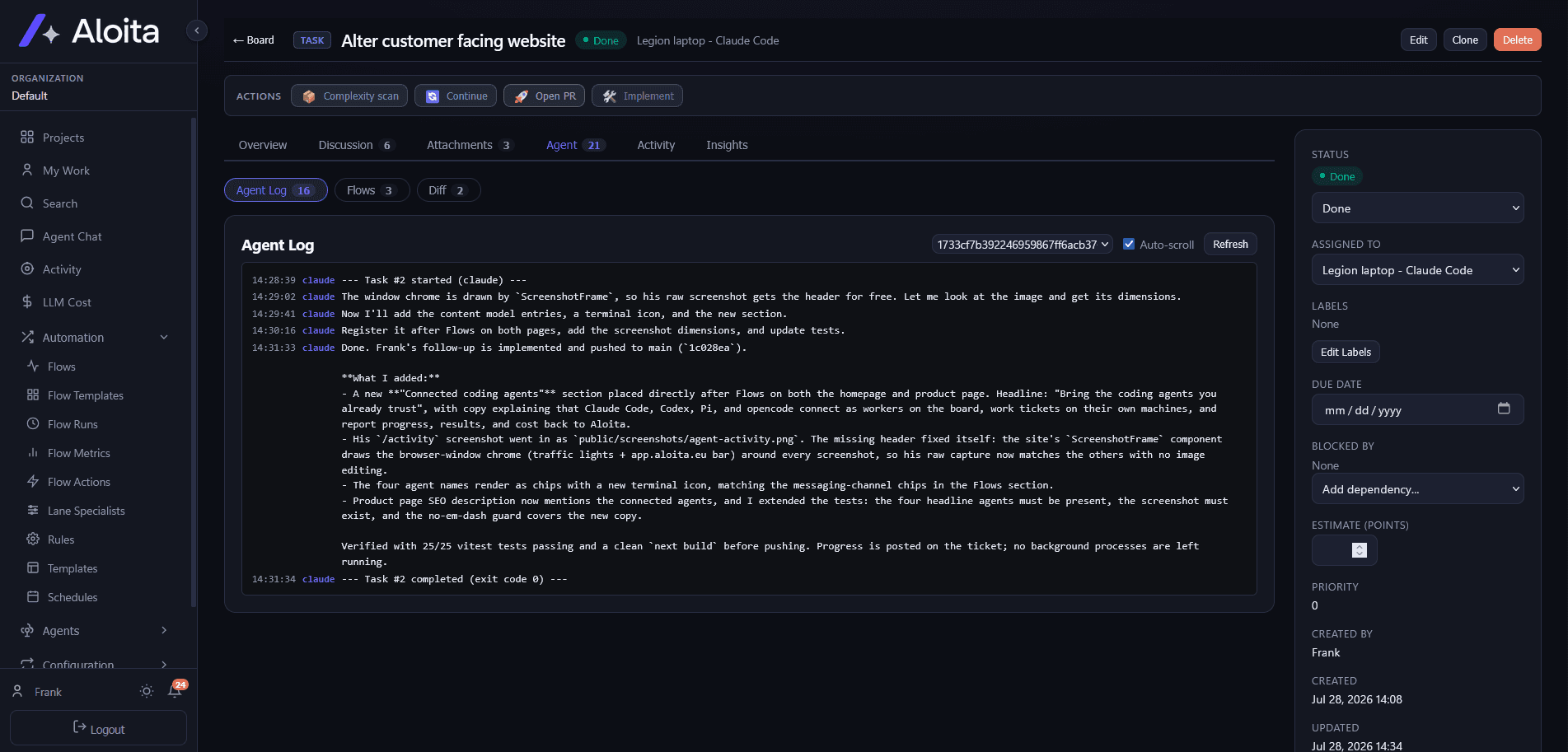Aloita agent log on a ticket showing timestamped, step-by-step entries for a completed agent run.