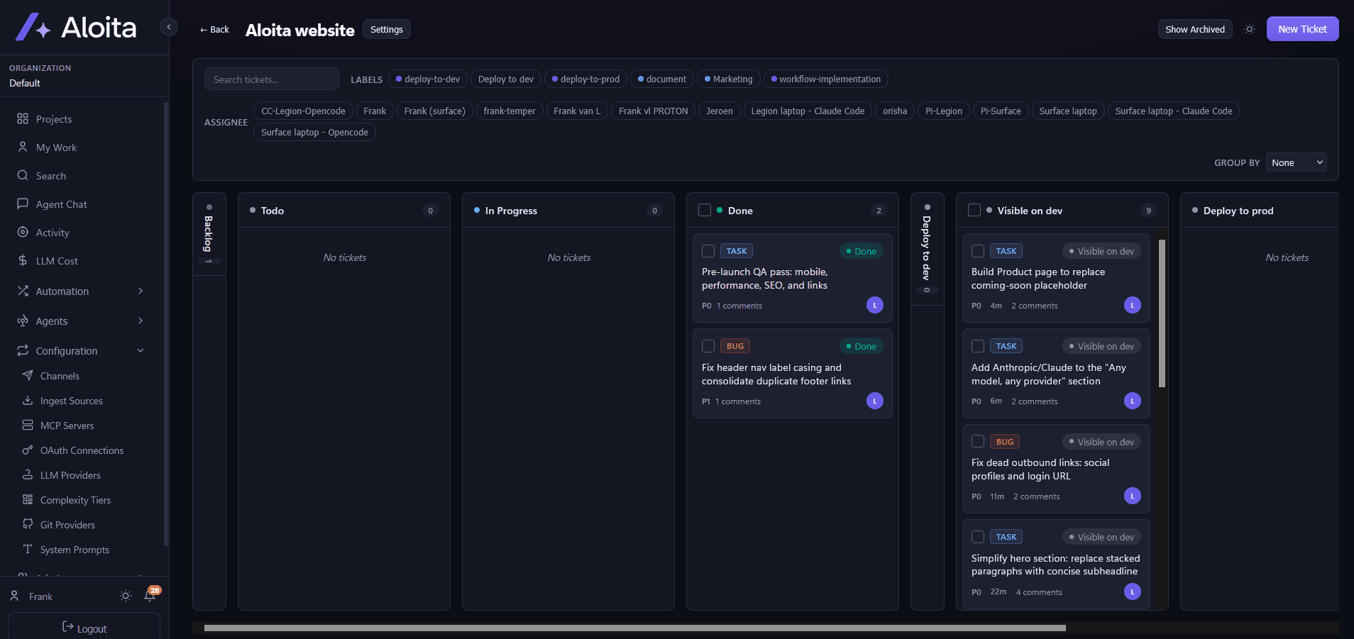 Aloita Kanban board with custom lanes, tickets assigned to AI agents, and filters for labels and assignees.