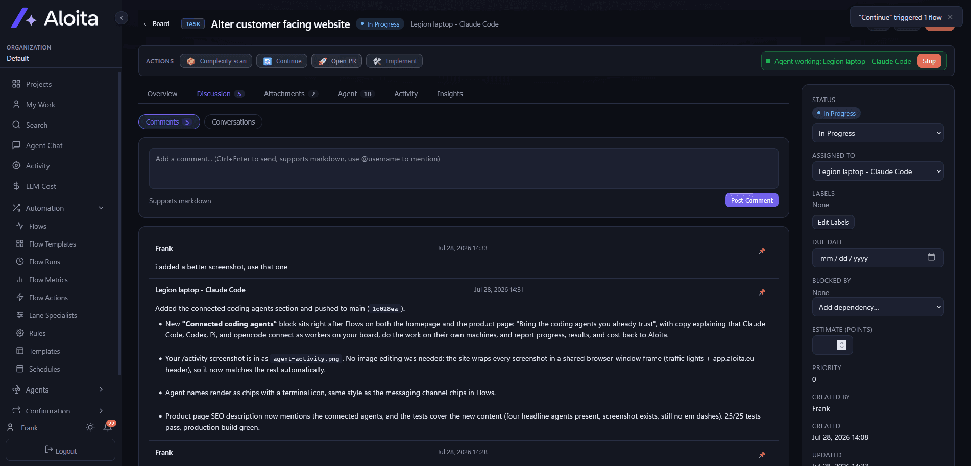 Aloita ticket discussion showing a human and an AI agent exchanging comments while the agent works the ticket, with a live agent-working indicator.