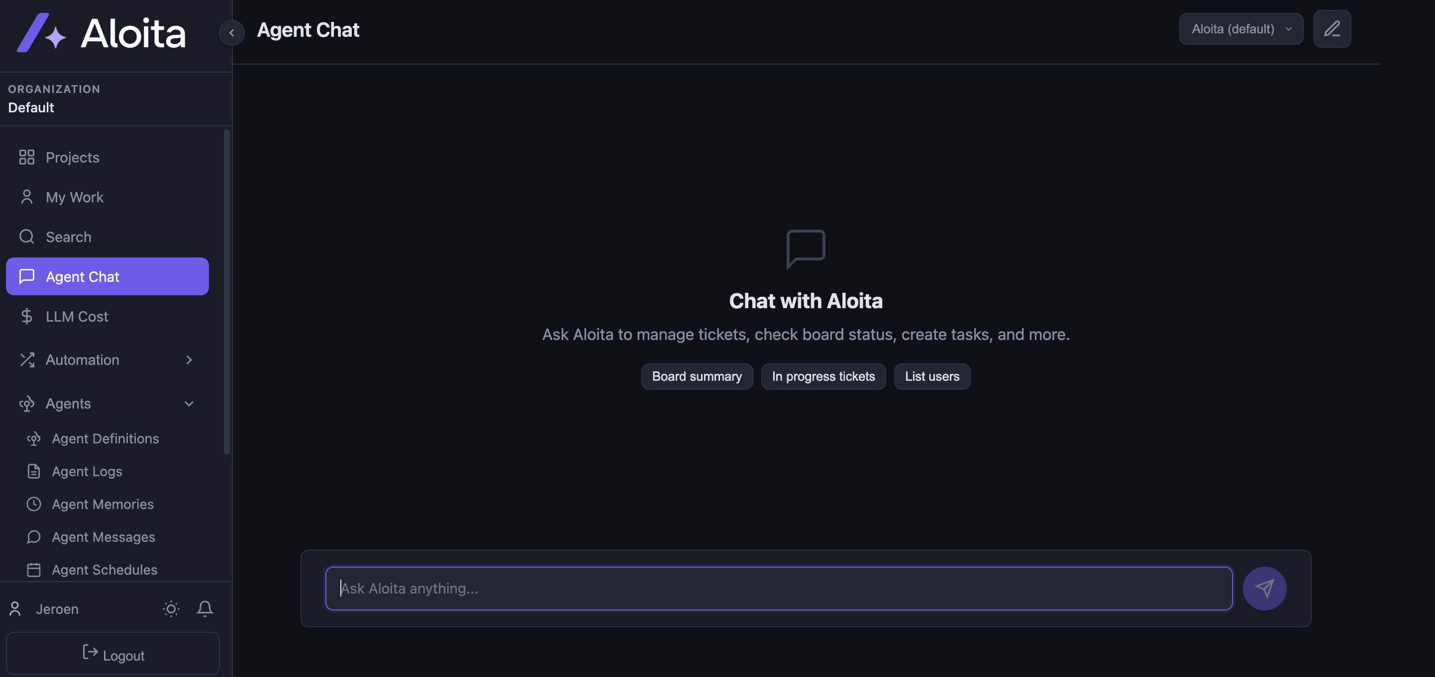 Aloita Agent Chat screen inviting the user to ask Aloita to manage tickets and check board status.