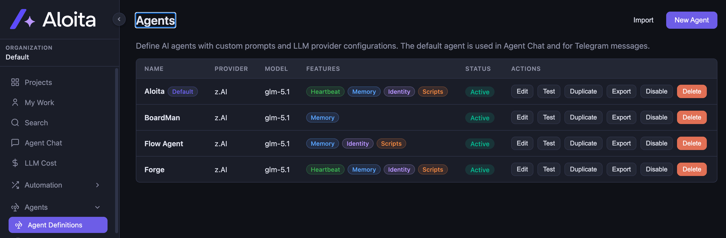 Aloita Agent Definitions table listing agents with their providers, models, features, and actions.