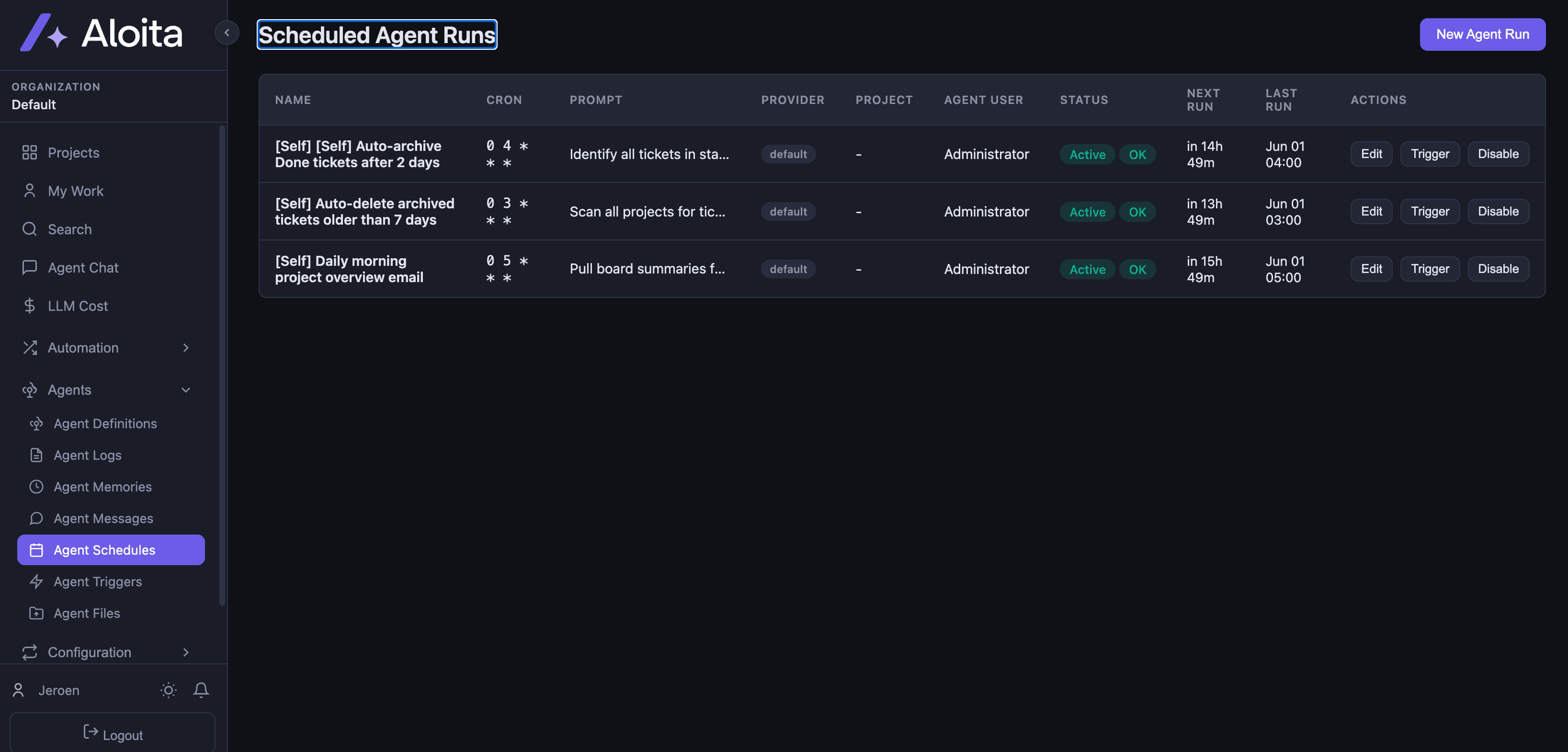 Aloita Scheduled Agent Runs table showing recurring jobs with cron expressions and next/last run times.